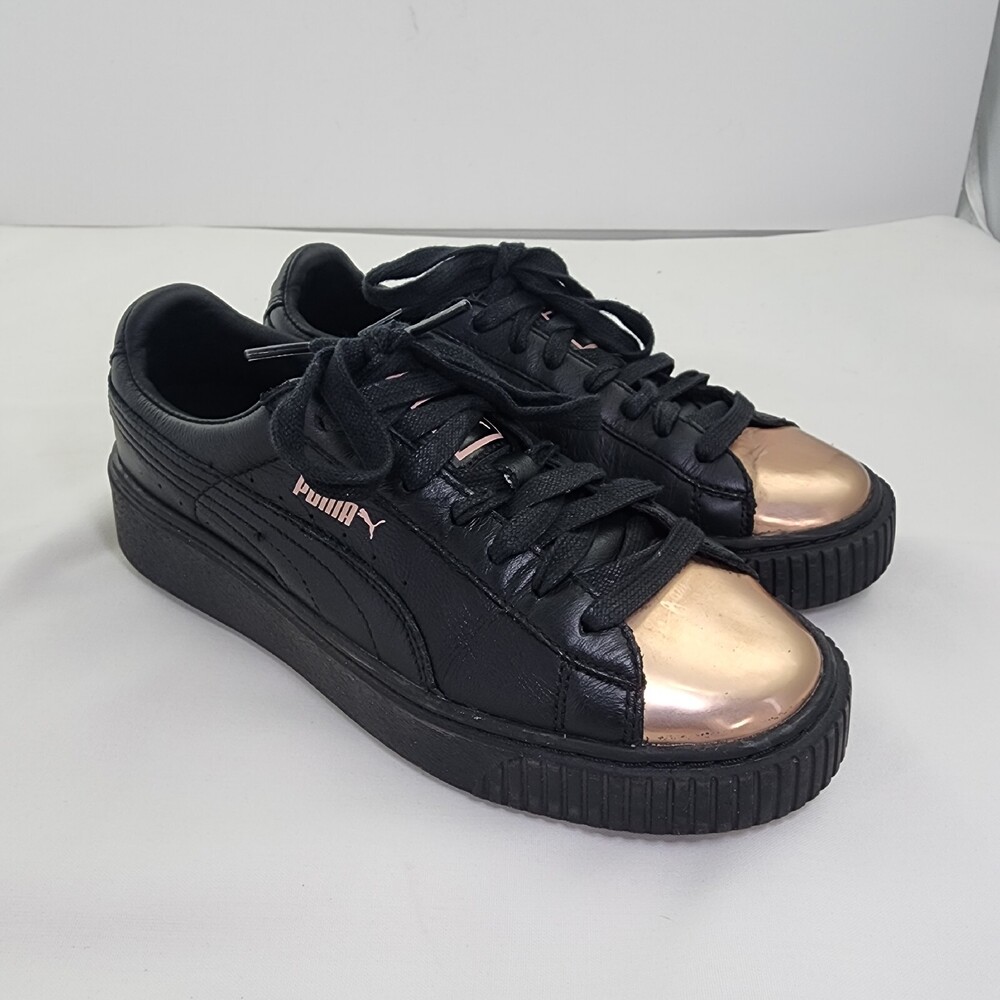Puma Basket Women 7.5/38 Platform Leather Sneakers Black/Rose Gold 366169-02 Use